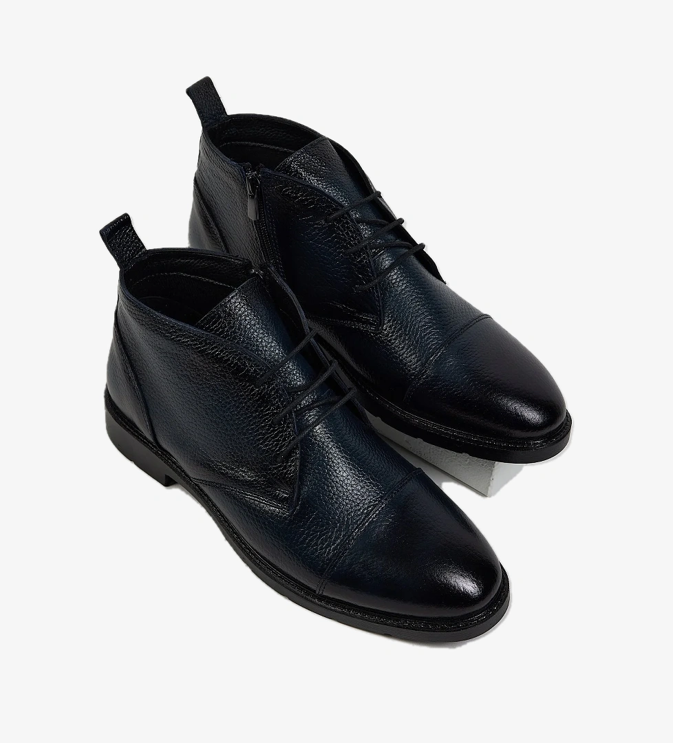 Erkek Lacivert Rahat Kalıp Hakiki Deri Bağcıklı ve Fermuarlı Bot