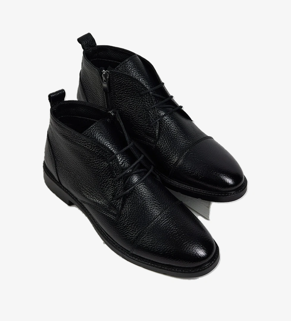 Erkek Siyah Rahat Kalıp Hakiki Deri Bağcıklı ve Fermuarlı Bot