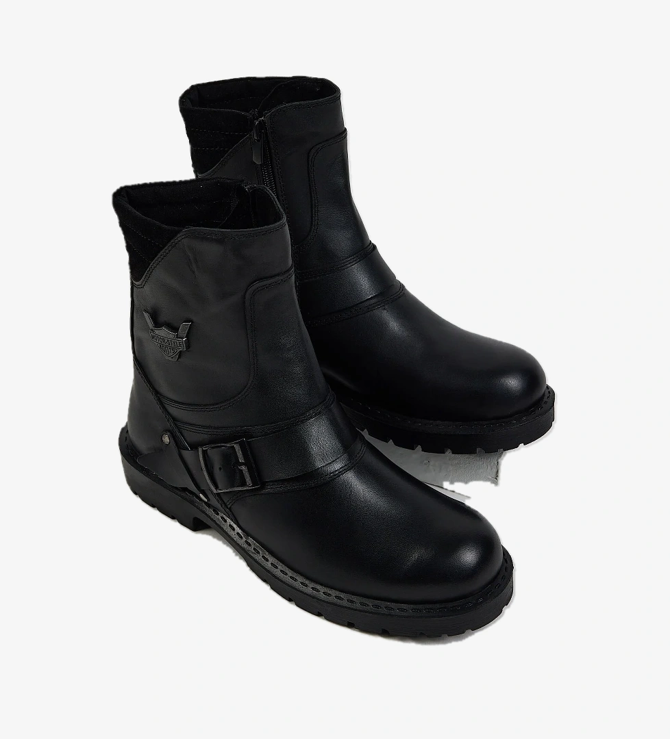 Erkek Siyah Siyah Rahat Kalıp Tokalı Hakiki Deri Fermuarlı Bot