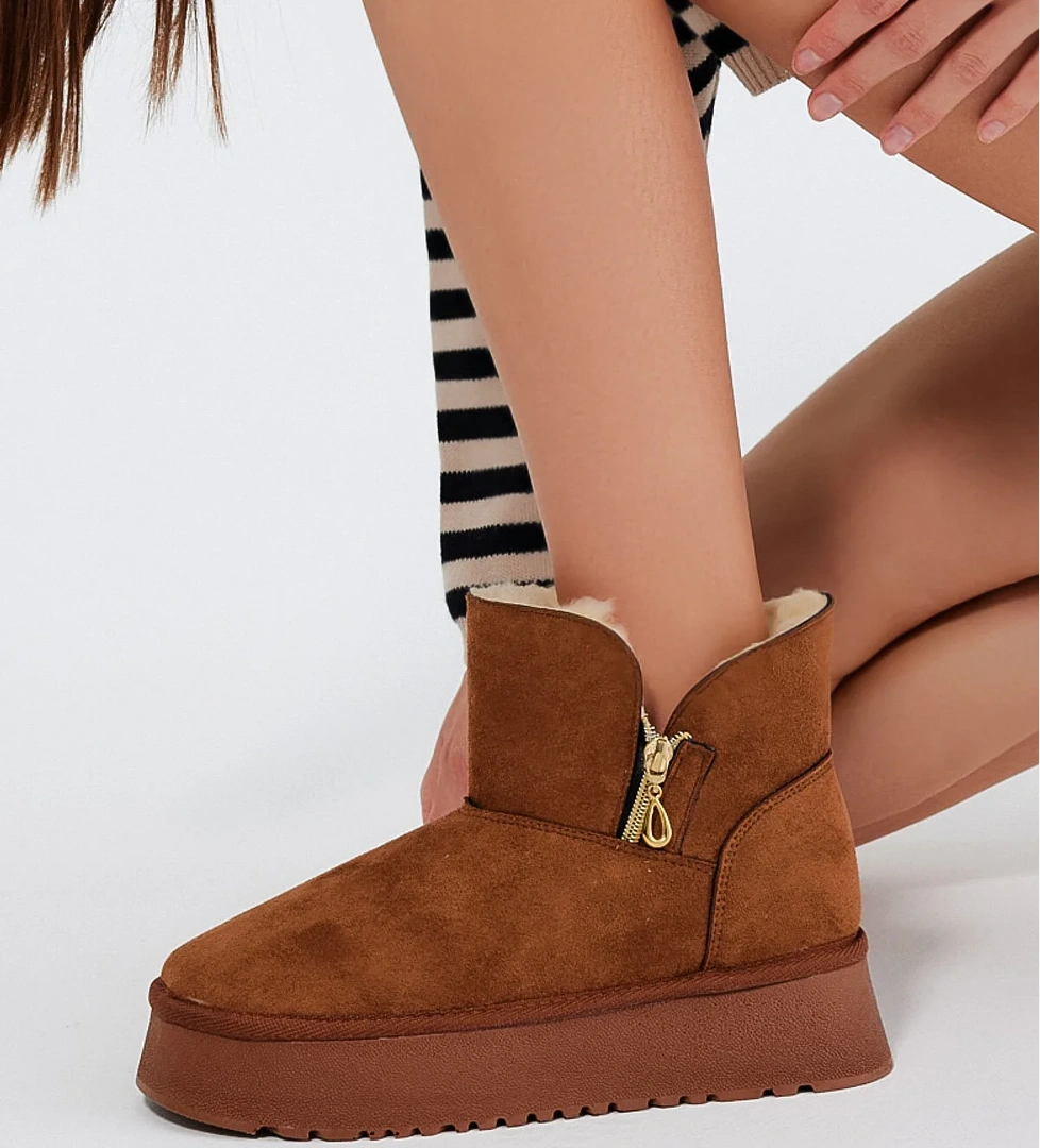 Kadın Taba Süet Rahat Kalıp Fermuarlı Kürklü Süet Bot - Görsel 1