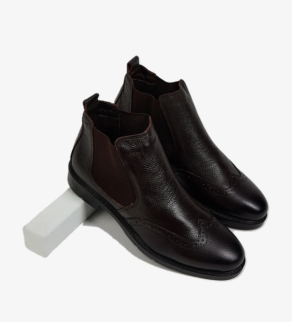 Erkek Kahve Rahat Kalıp Desenli Hakiki Deri Lastikli Bot