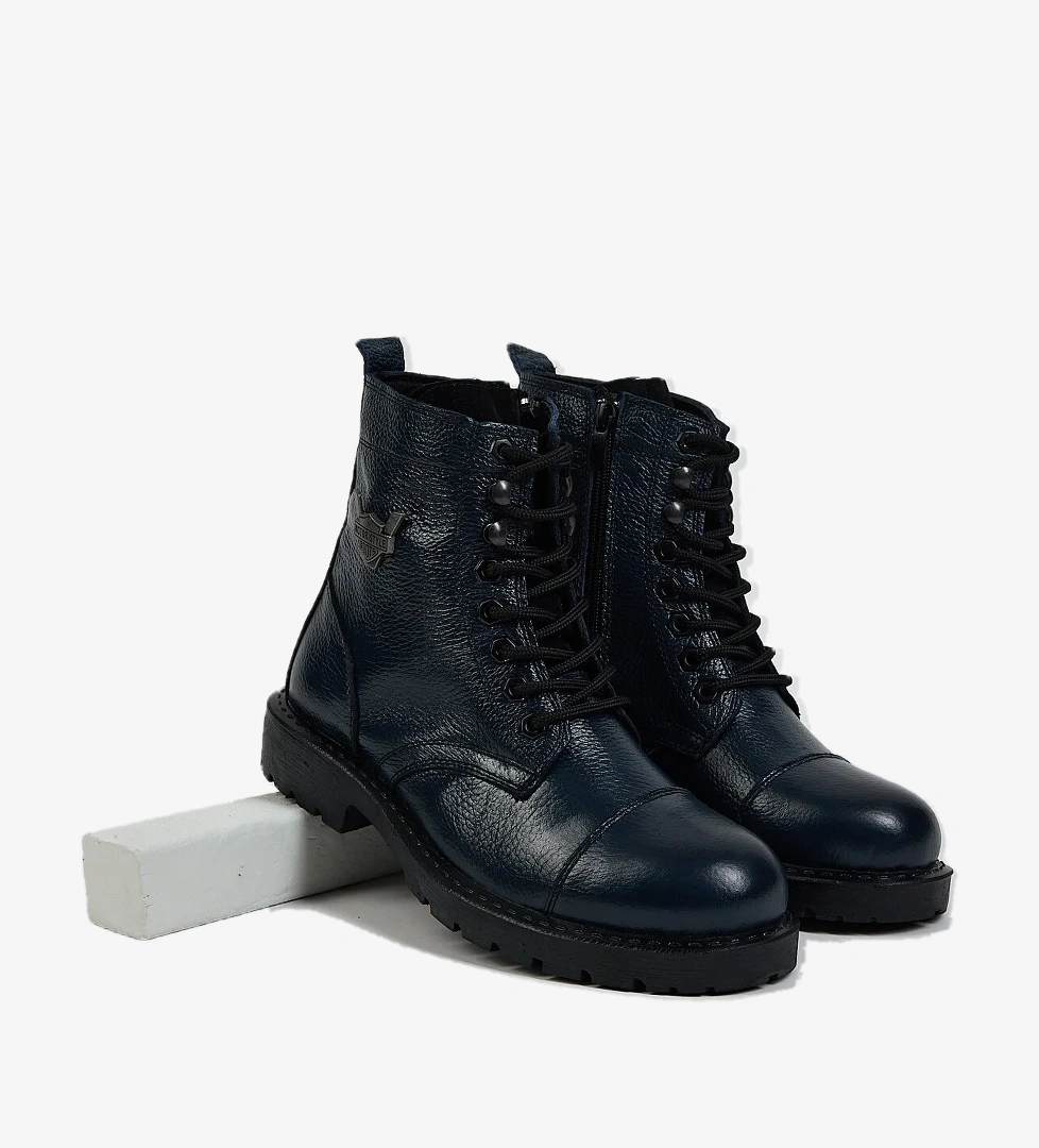 Erkek Lacivert Rahat Kalıp Hakiki Deri Bağcıklı ve Fermuarlı Bot