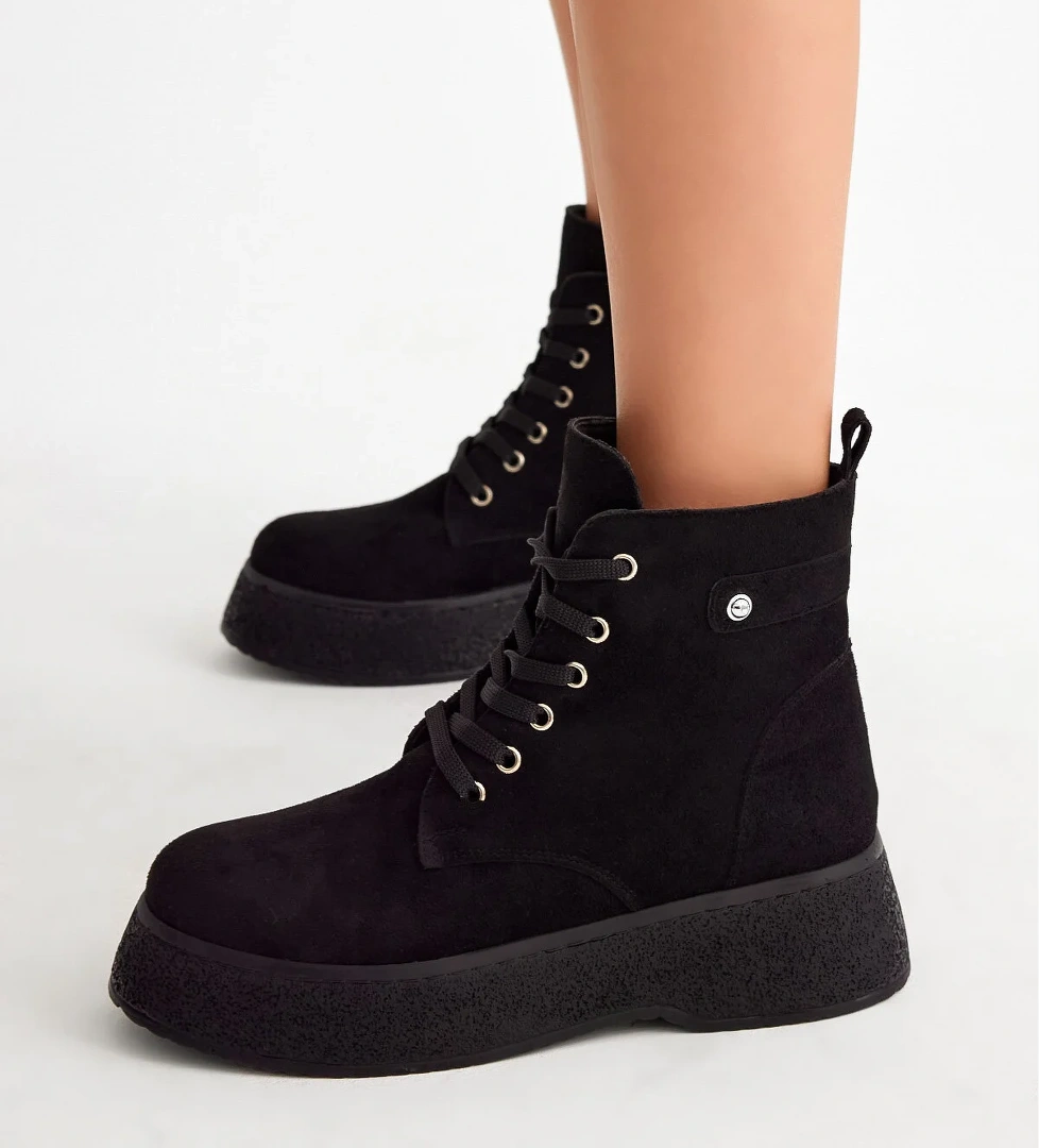 Kadın Siyah Süet Yüksek Poli Taban Bağcıklı Süet Bot