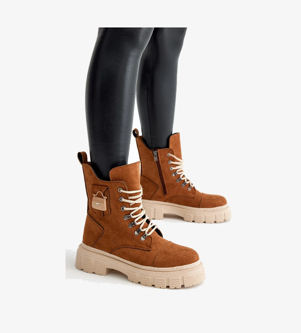 Kadın Taba Süet Rahat Kalıp Yüksek Taban Tokalı Bağcıklı ve Fermuarlı Bot - Görsel 1