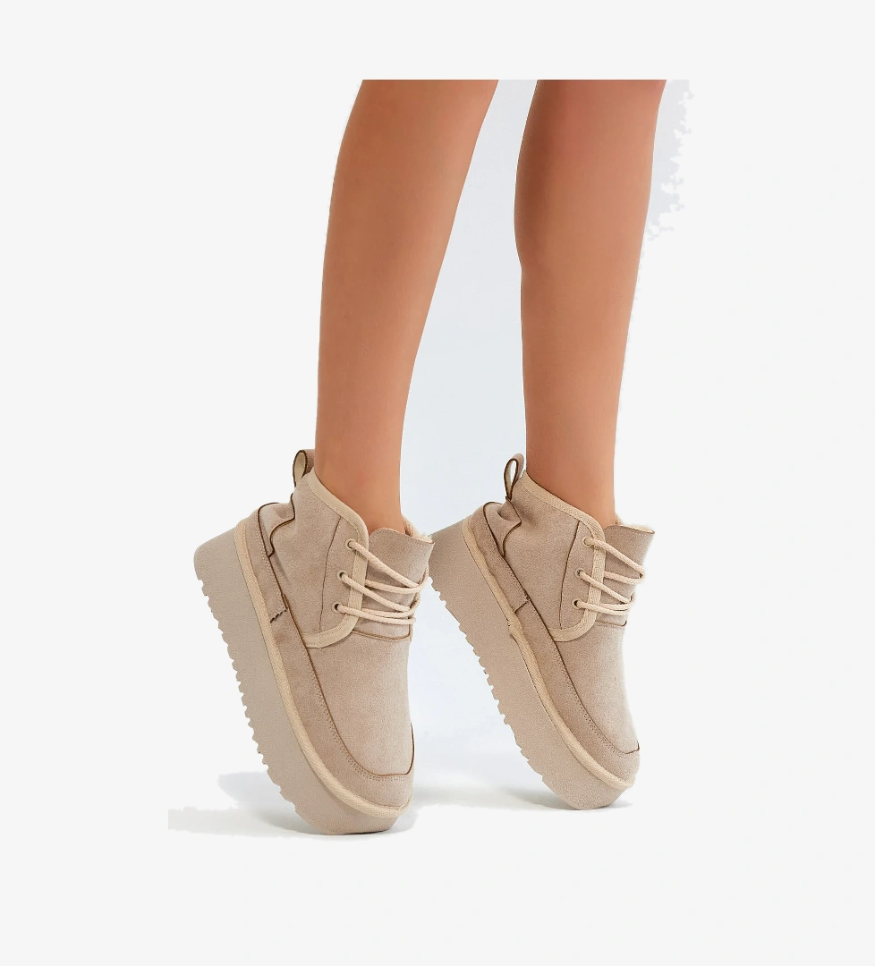 Kadın Bej Süet Rahat Kalıp Bağcıklı Kürklü Süet Bot - Görsel 1