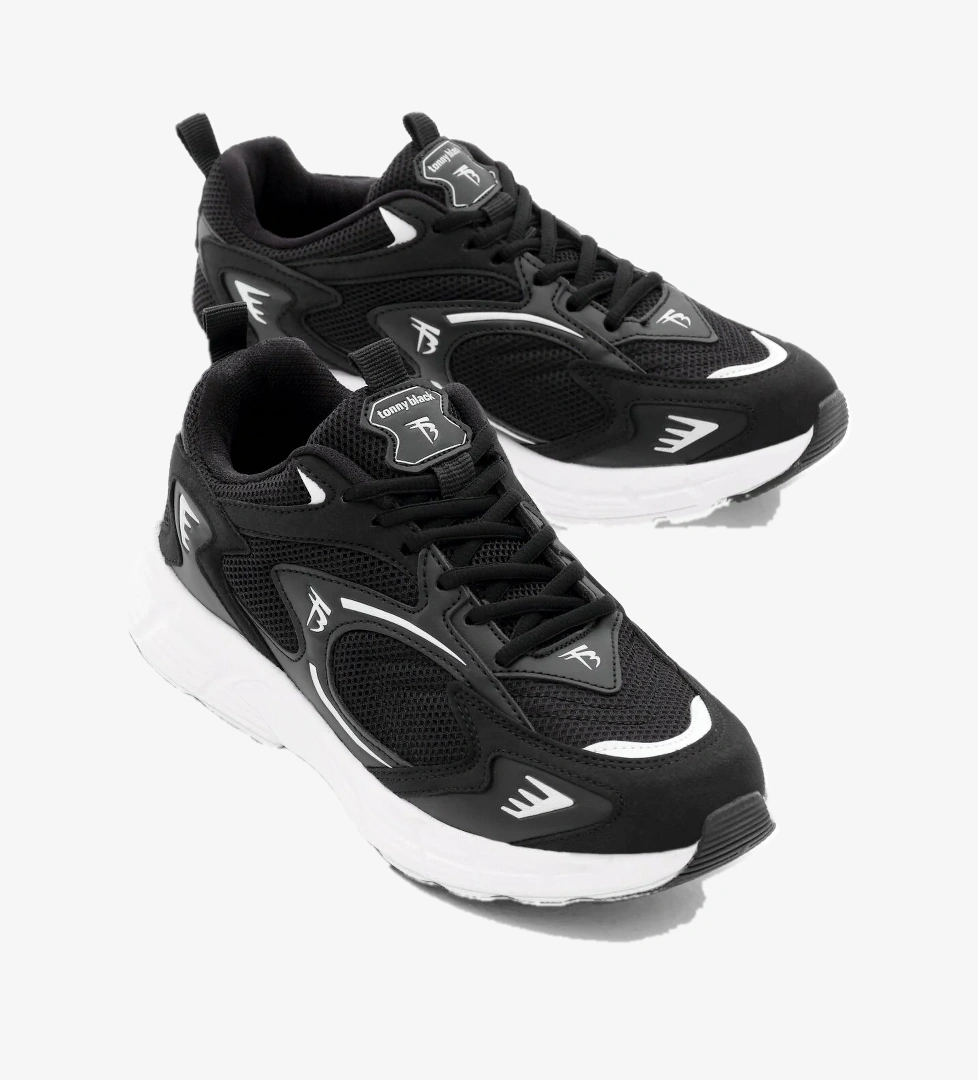 Unisex Siyah Beyaz Rahat Kalıp Yüksek Faylon Taban Bağcıklı Spor Ayakkabı - Görsel 1