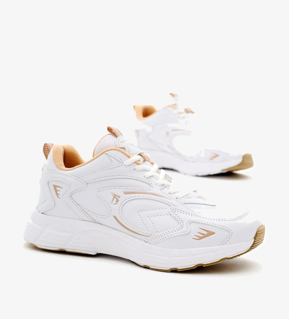 Unisex Beyaz Bej Rahat Kalıp Yüksek Faylon Taban Bağcıklı Spor Ayakkabı