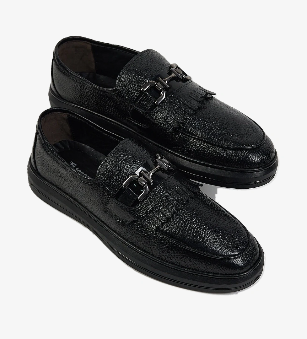 Erkek Siyah Rahat Kalıp Hakiki Deri Püsküllü Tokalı Loafer