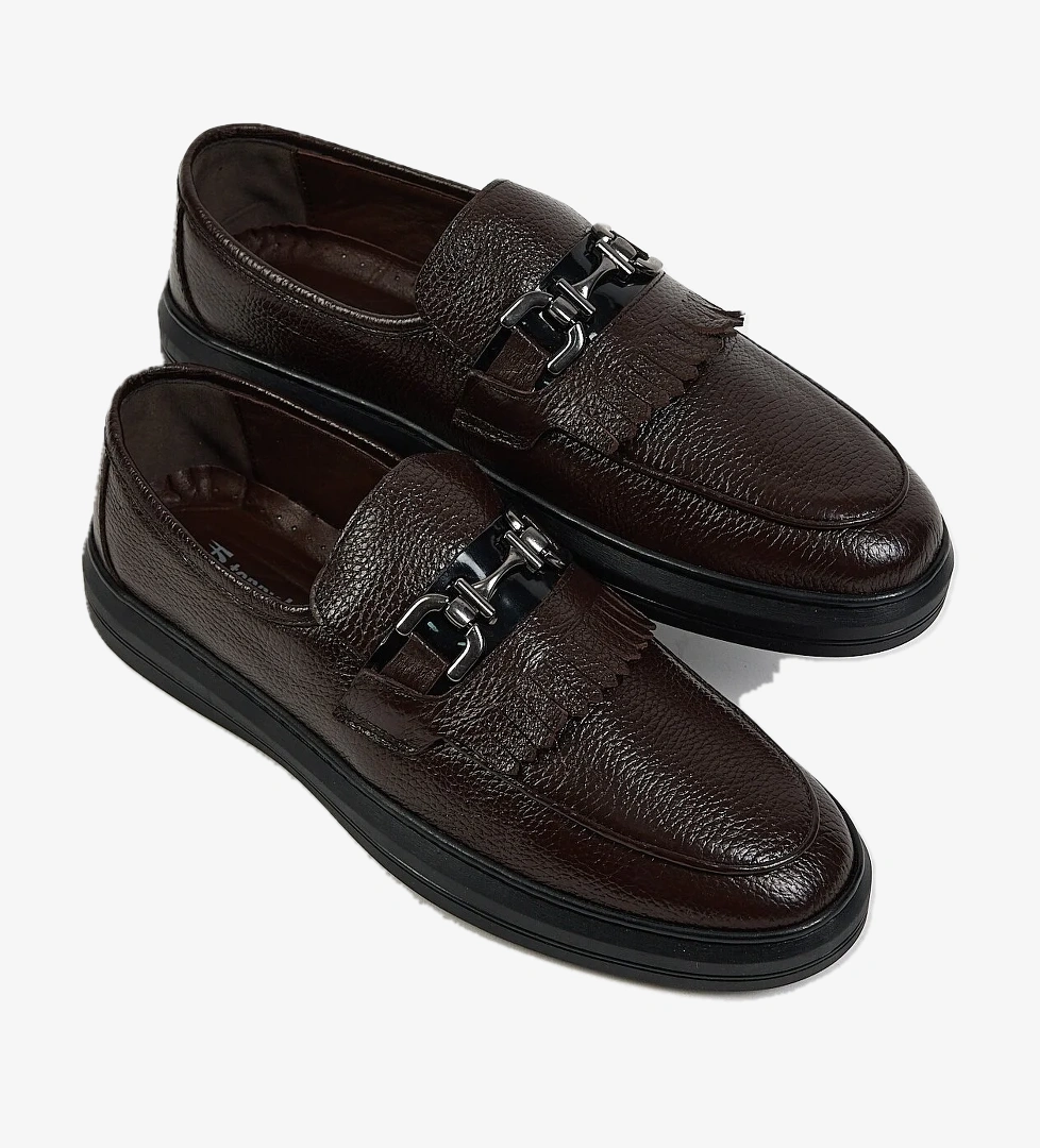 Erkek Kahve Rahat Kalıp Hakiki Deri Püsküllü Tokalı Loafer