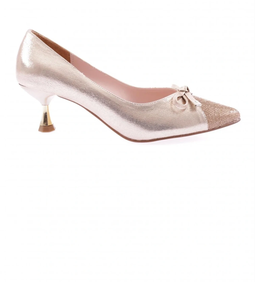 Dgn Dgn Altın K530 Kadin Fiyonk Detayli Kisa İnce Topuklu Ayakkabi Topuklu Ayakkabı | Flo Altın - 1. görsel