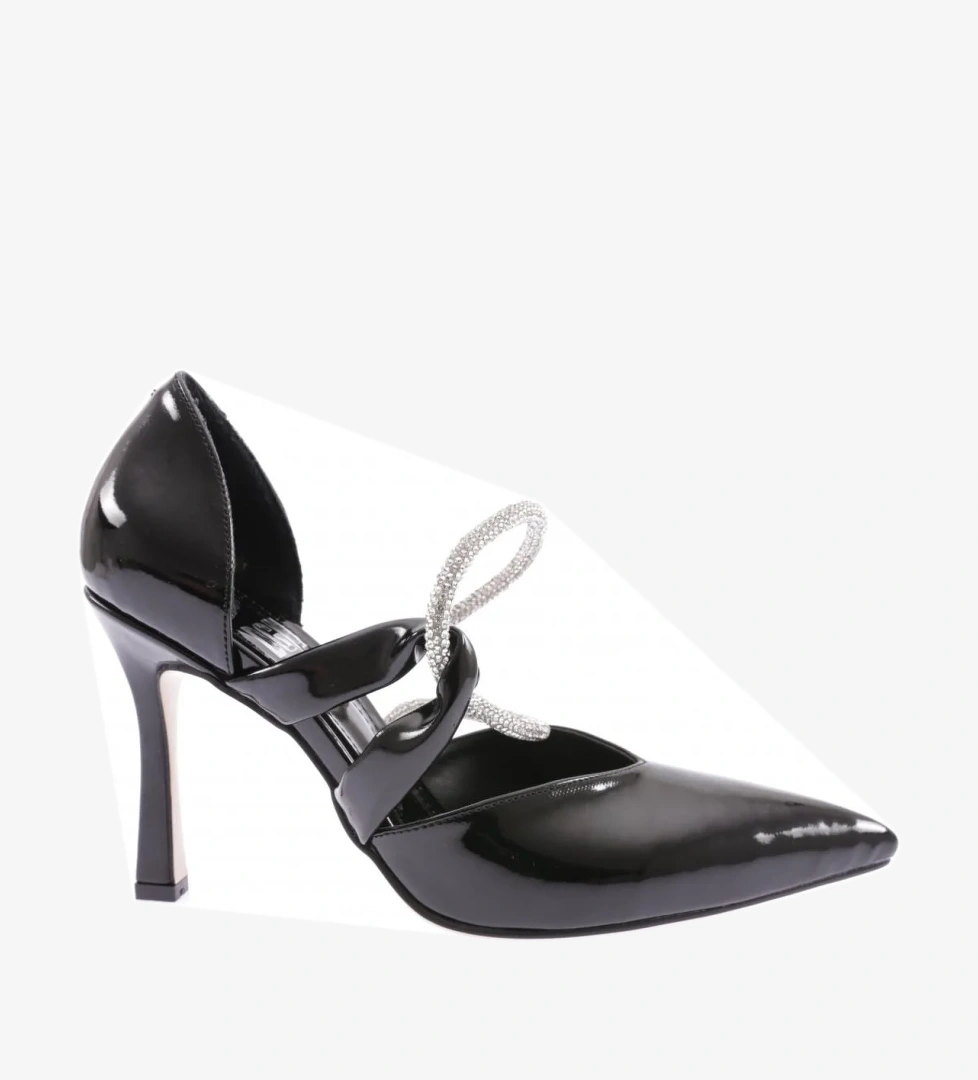 7706-23Y Kadin Sivri Burun Parmak Dekolteli Yanlar Açik Taşli Bant Atmali Topuklu Ayakkabi