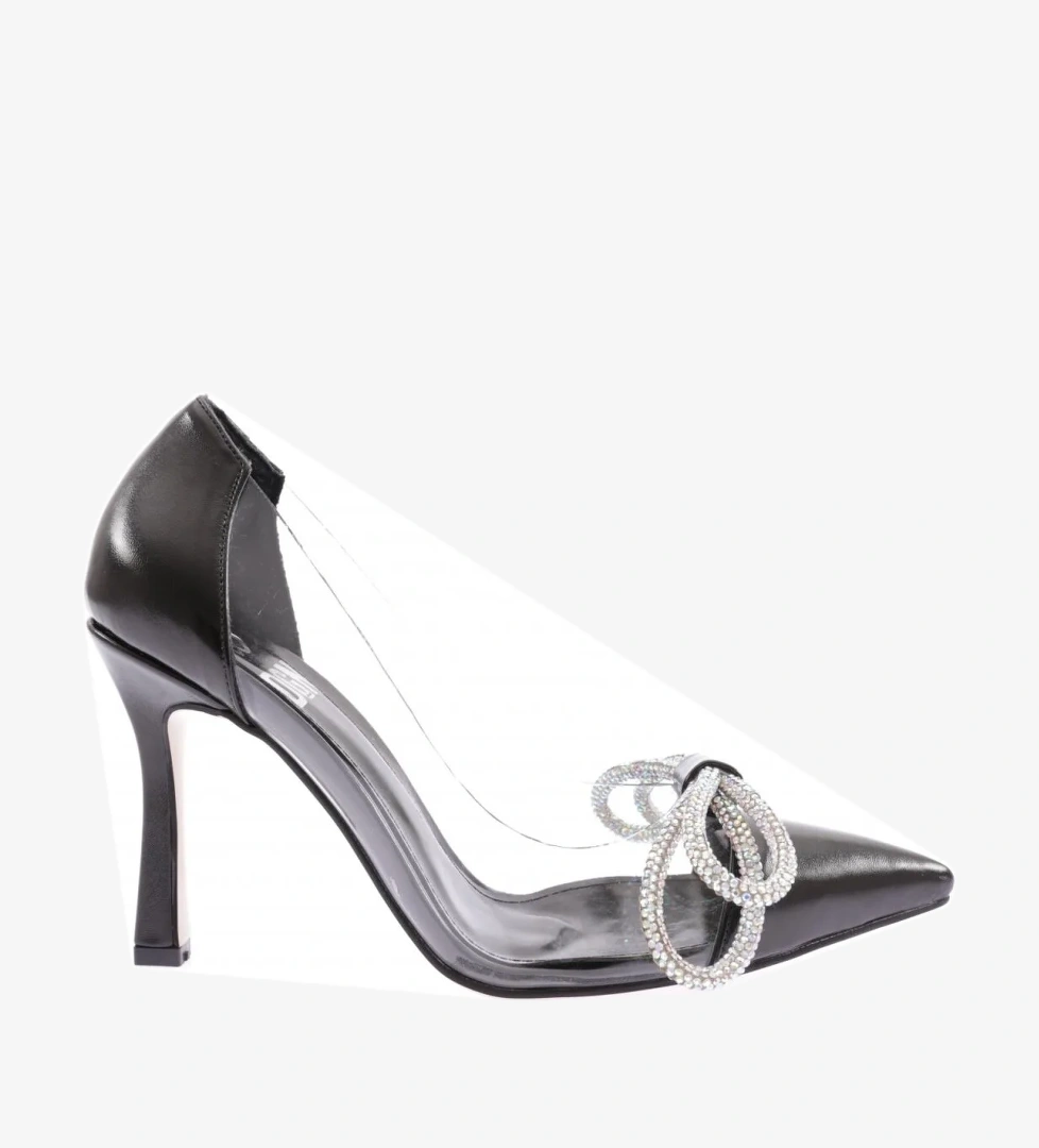 Dgn 7709-23Y Kadin Sivri Burun Parmak Dekolteli Silver Taş Fiyonk Toka Yanlar Şeffaf Topuklu Ayakkabi model görseli