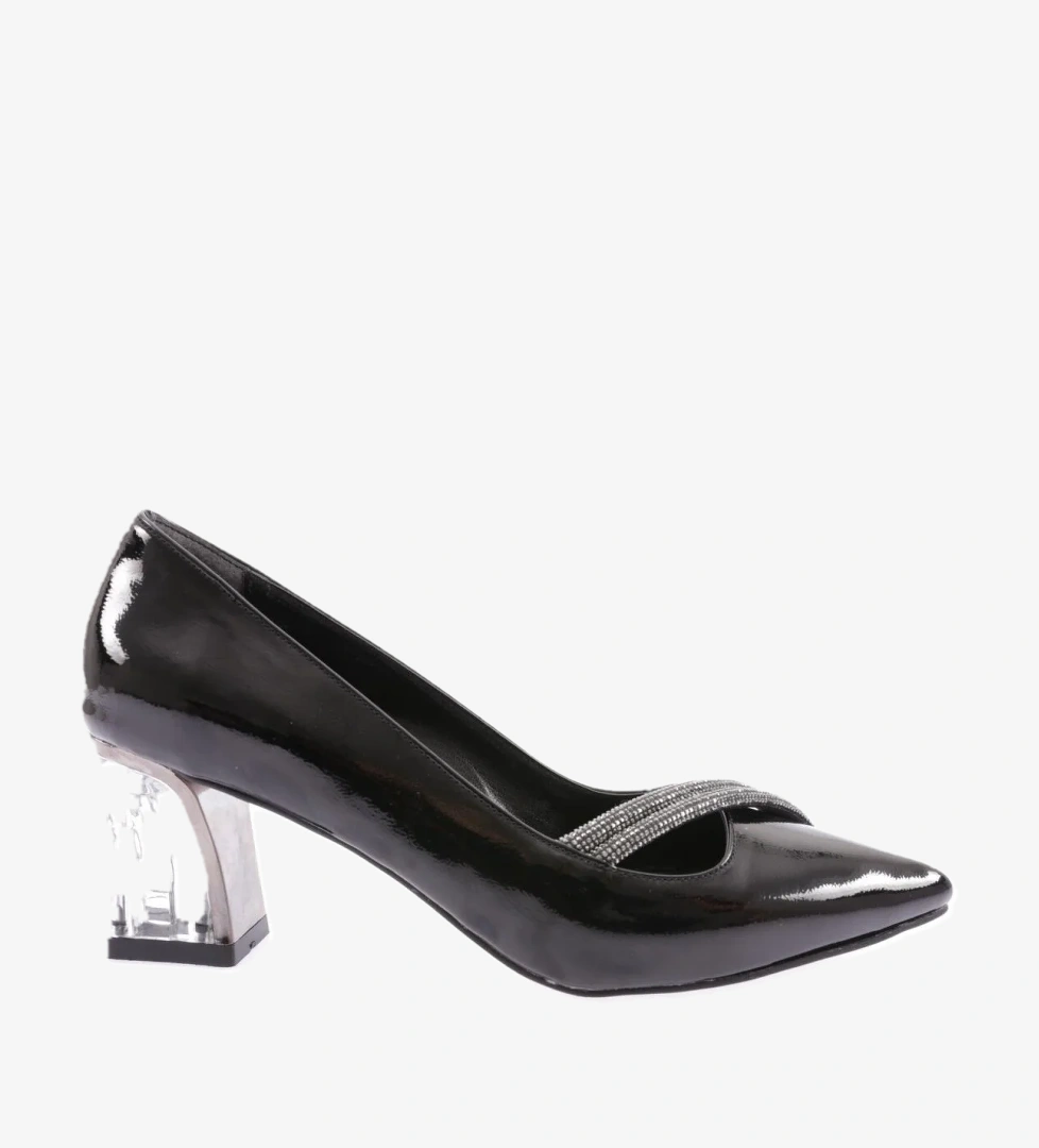 3201-23Y Kadin Sivri Burun Silver Taşli Kalin Topuklu Ayakkabi