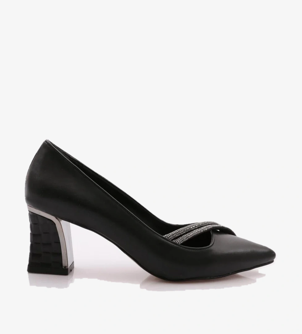 3201 Kadin Sivri Burun Silver Taşli Kalin Topuklu Ayakkabi