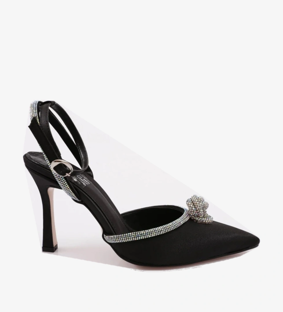 7707 Kadin Sivri Burun Parmak Dekolteli Silver Taş Detayli Yanlar Açik Bilekten Bağli Topuklu Ayakkabi