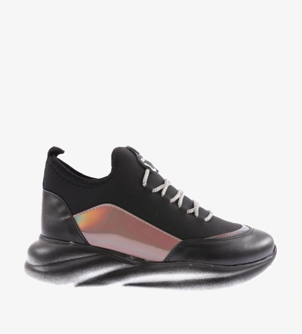 315-23Y Kadin Kalin Taban Strech Detayli Silver Taş Bağcikli Sneakers Ayakkabi - Görsel 1