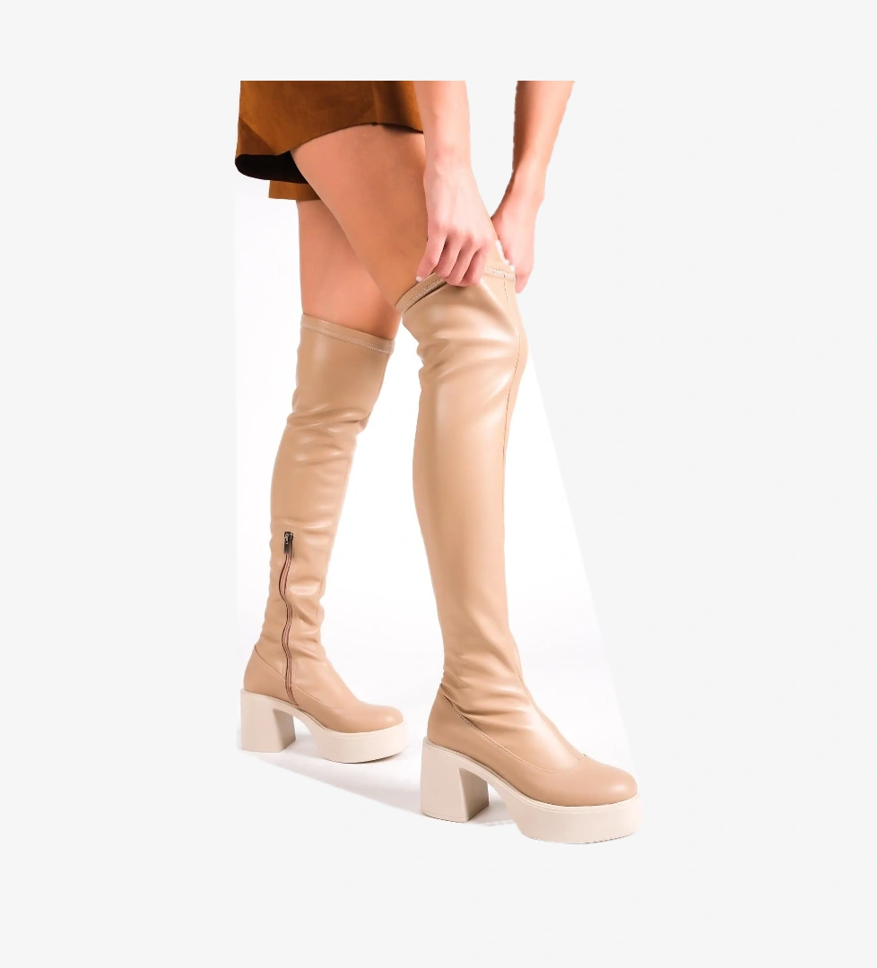 Modabuymuş Urla Ten Siyah Mat Kalın Platform Topuklu Streç Esnek Dizüstü Çizme model görseli