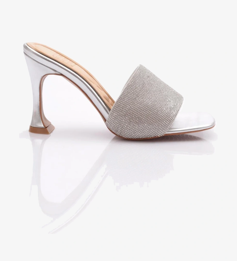 8021 Kadin Silver Taşli Topuklu Terlik - Görsel 1