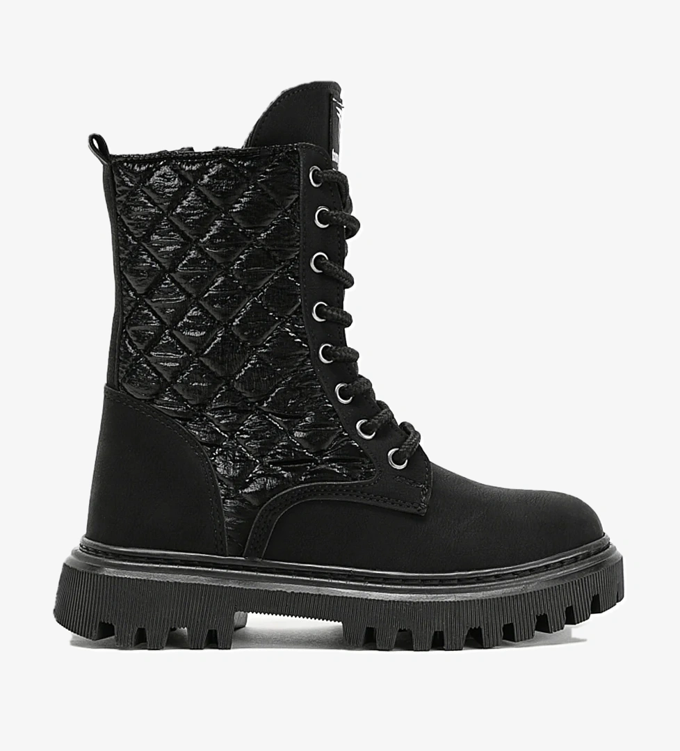 Kız Çocuk Siyah Termo Taban Kapitone Dikişli Bağcıklı ve Fermuarlı Uzun Bot