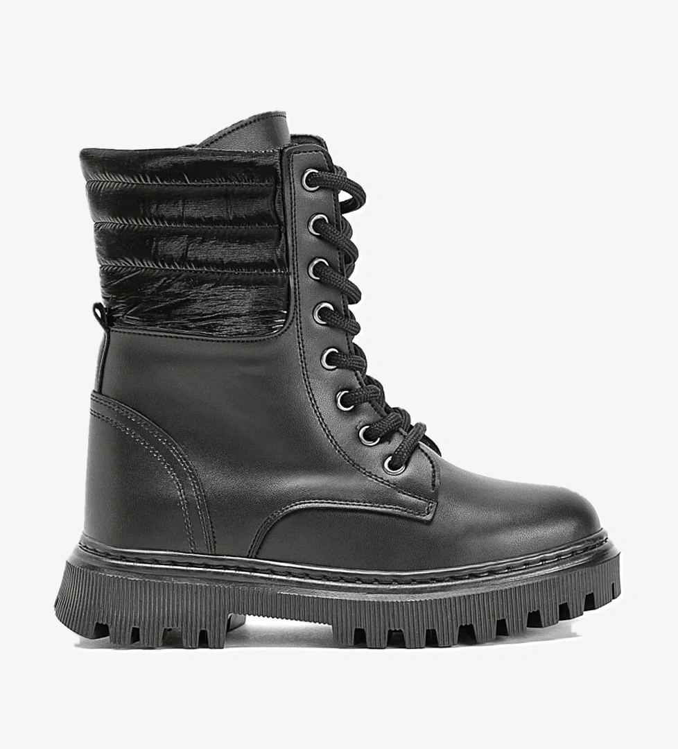 Kız Çocuk Siyah Cilt Termo Taban Yanı Kapitone Desenli Bağcıklı ve Fermuarlı Bot - Görsel 1