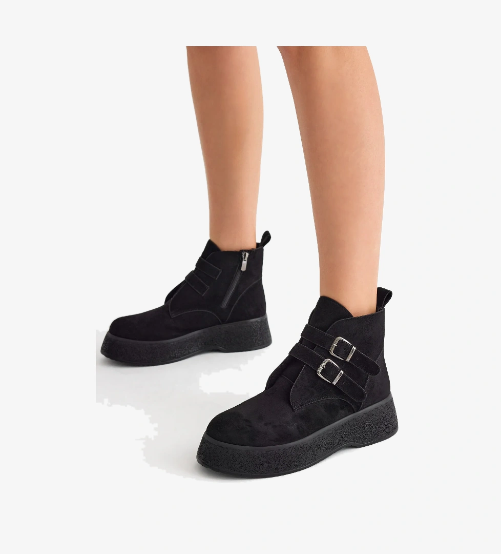 Kadın Siyah Süet Rahat Kalıp Yüksek Taban Çift Tokalı Fermuarlı Bot