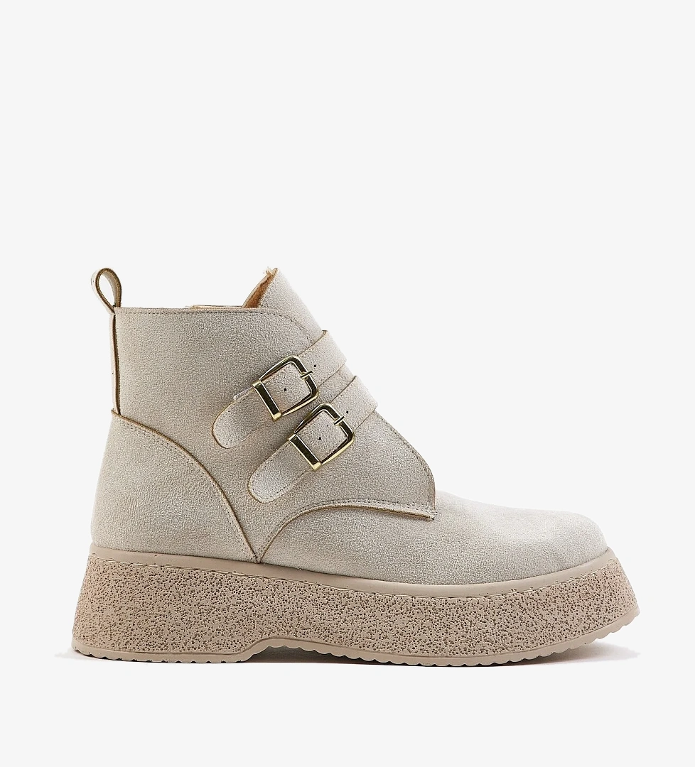 Kadın Bej Süet Rahat Kalıp Yüksek Taban Çift Tokalı Fermuarlı Bot