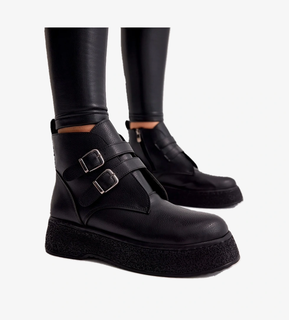 Kadın Siyah Cilt Rahat Kalıp Yüksek Taban Çift Tokalı Fermuarlı Bot - Görsel 1