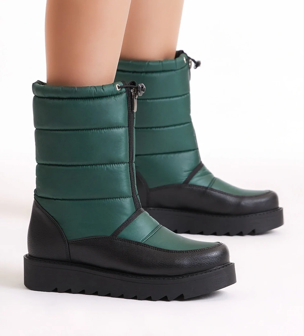 Kadın Petrol Yeşili Rahat Kalıp Önü Fermuarlı ve Lastikli İçi Kürklü Kar Botu - Görsel 1