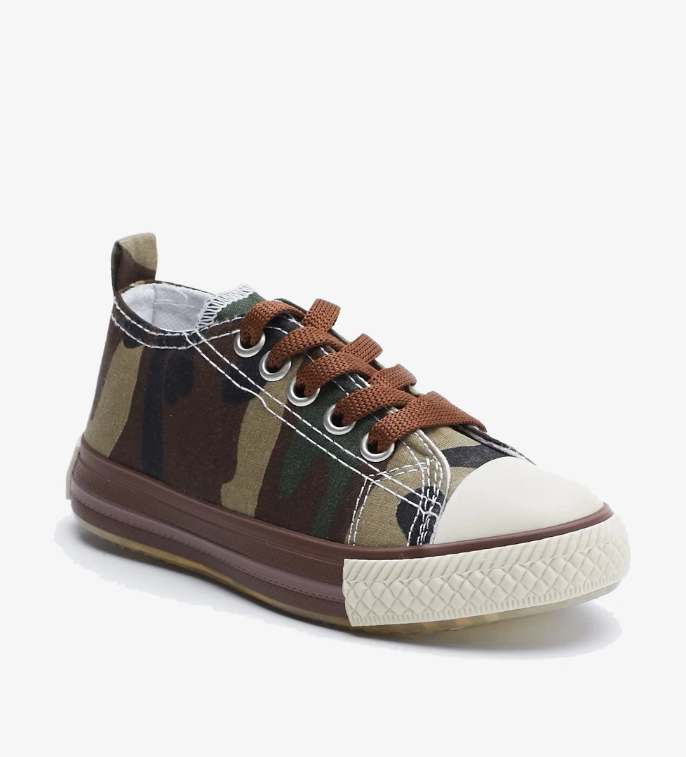 Çocuk Unisex Haki Kamuflaj Rahat Kalıp Işıklı Bağcıklı Spor Ayakkabı