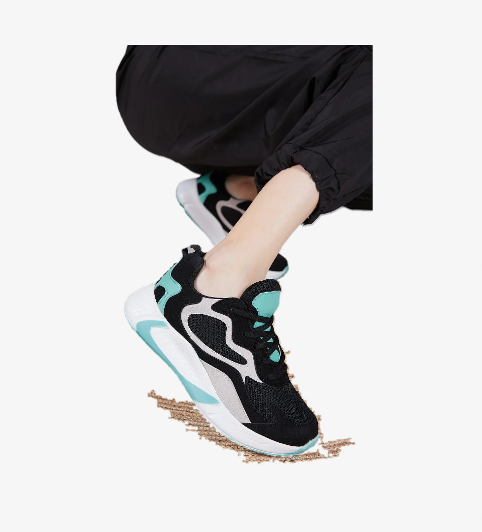 Unisex Siyah Yeşil Rahat Kalıp Yüksek Taban Bağcıklı Spor Ayakkabı