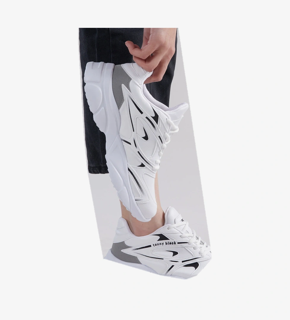 Unisex Beyaz Kalın Faylon Taban Desenli Bağcıklı Spor Ayakkabı