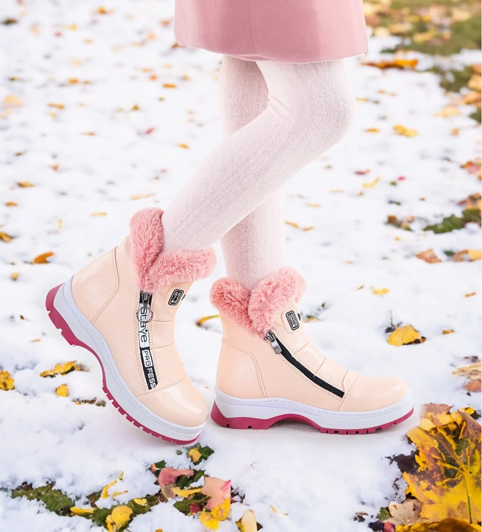 250 Rugan Çatlak Fermuarlı Kız Çocuk Bot Ayakkabı Pudra