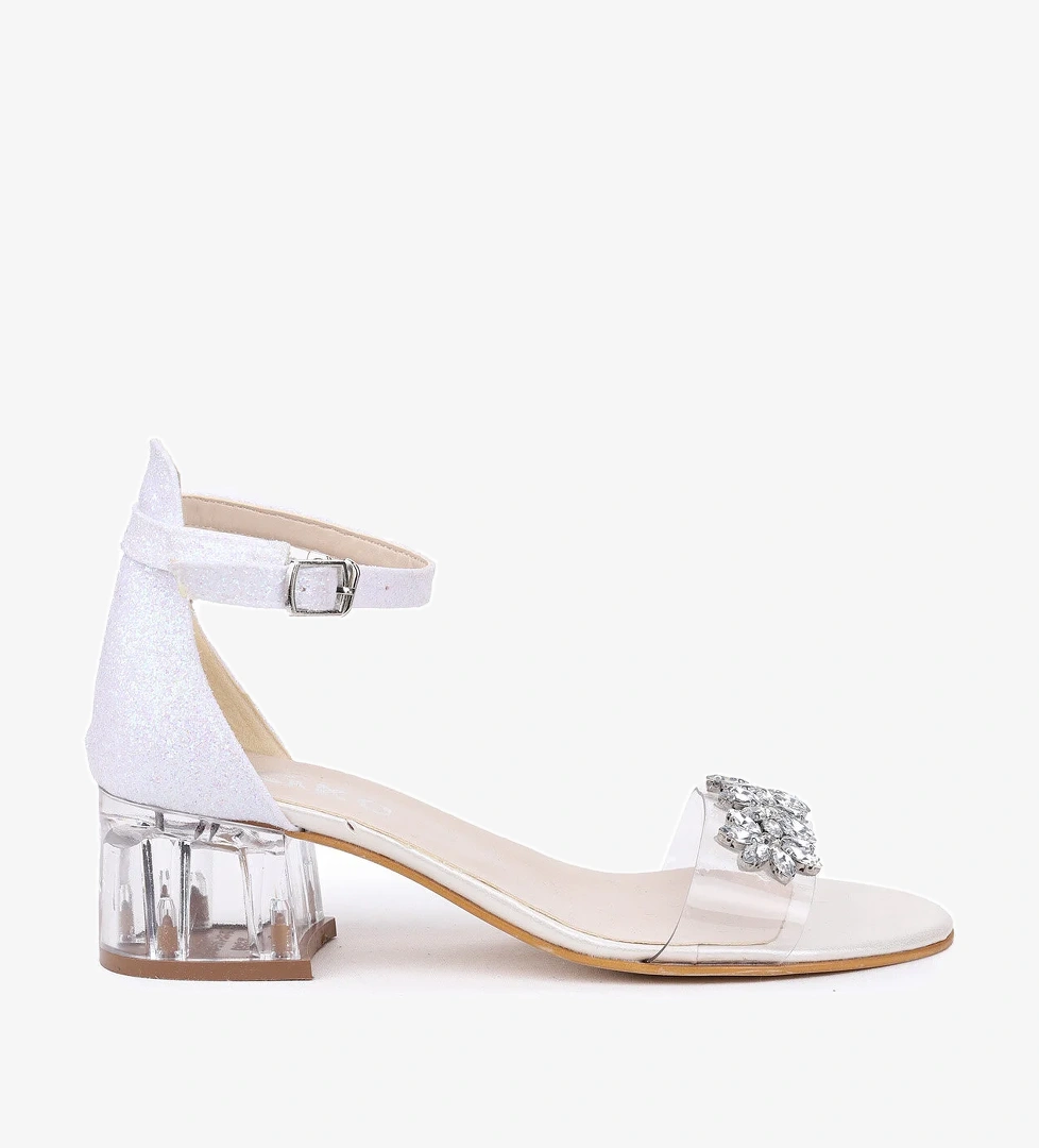 Yangu Kum Simli Taşlı Kız Çocuk 3 Cm Şeffaf Topuklu Sandalet Abiye Ayakkabı Sedef