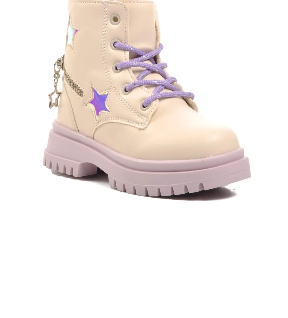 1525-P Bej-Lila İçi Polarlı Kız Çocuk Bot - Görsel 1