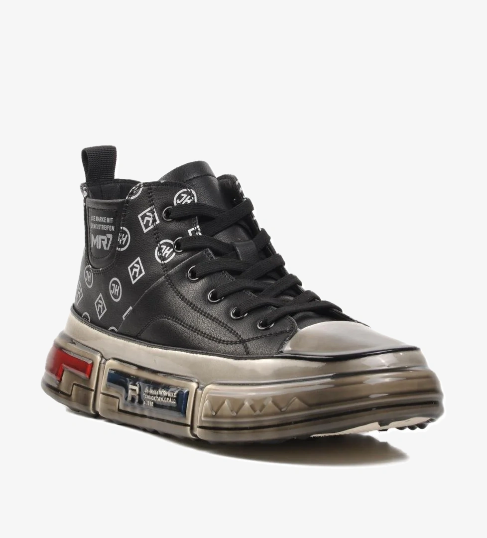 152-18220 Siyah Hakiki Deri Erkek Hi Sneaker - Görsel 1