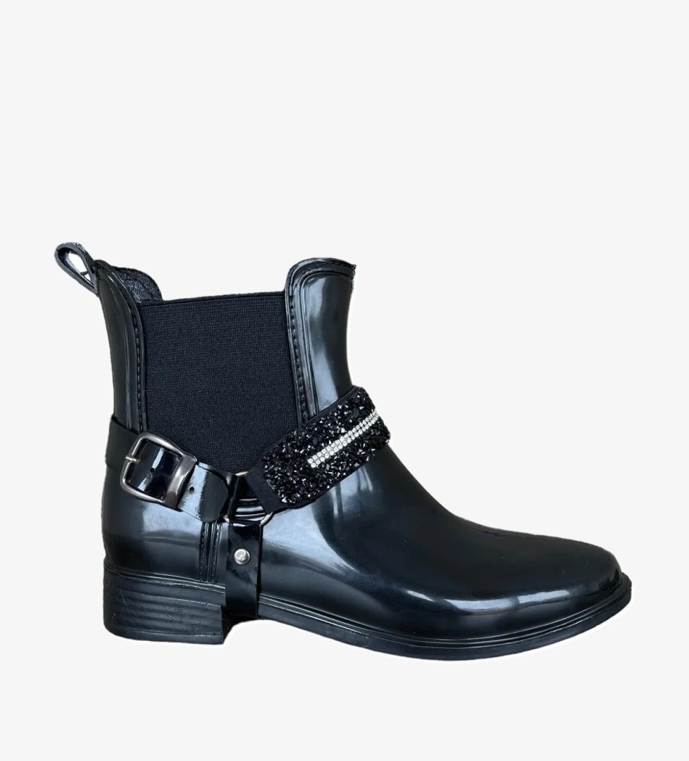 Kemerli Tokalı Kadın Yağmur Botu SİYAH - GÜMÜŞ - Görsel 1