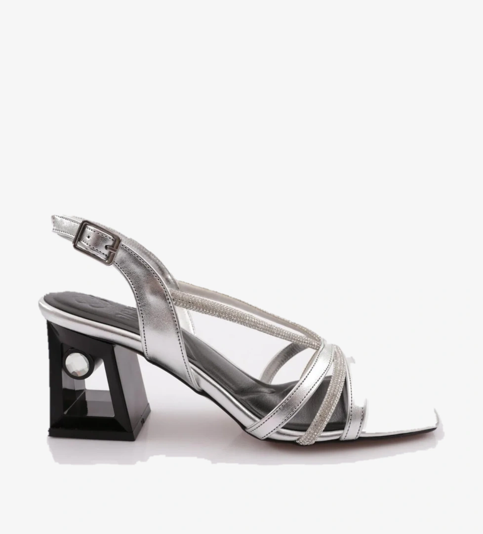 618 Kadin Silver Taşli Bantli Topuklu Sandalet