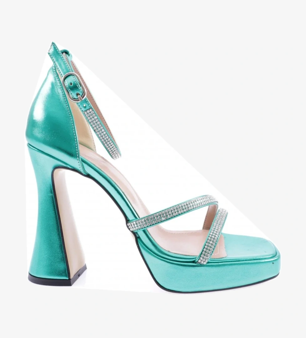 3581-23Y Kadin Kristal Taşli Çapraz Bantli Kalin Topuklu Sandalet