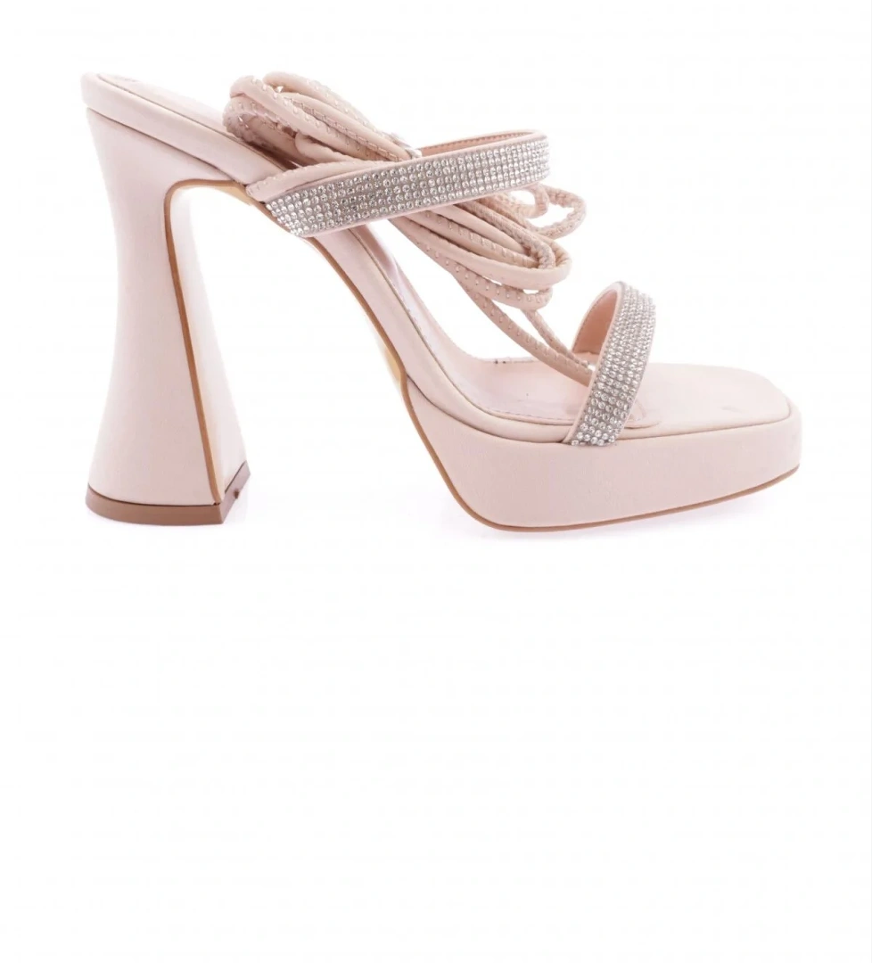 3582-23Y Kadin Kristal Taşli Bantli Bilekten Bağlamali Kalin Topuklu Sandalet