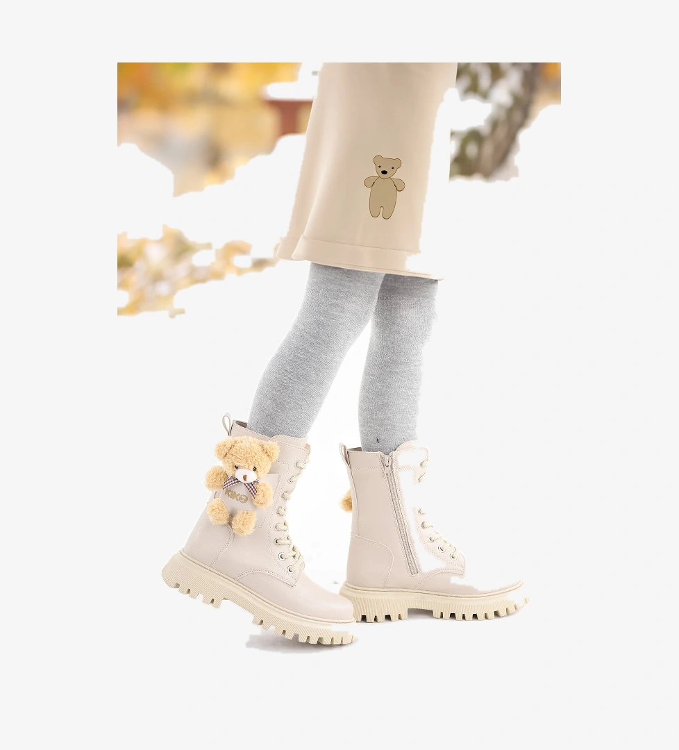 450 Ayıcıklı Fermuarlı Kız Çocuk Günlük Bot Ayakkabı Bej