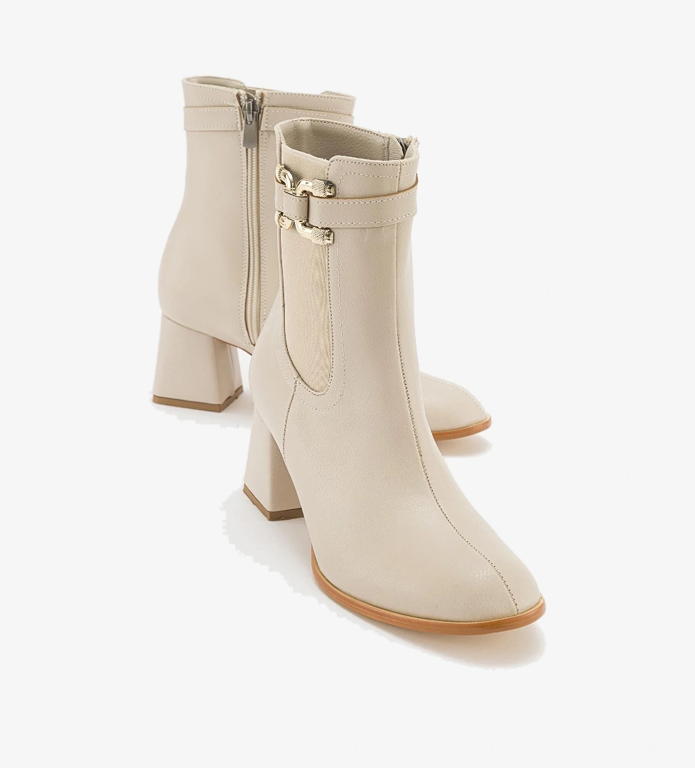 Tokalı Topuklu Bot BEJ CİLT