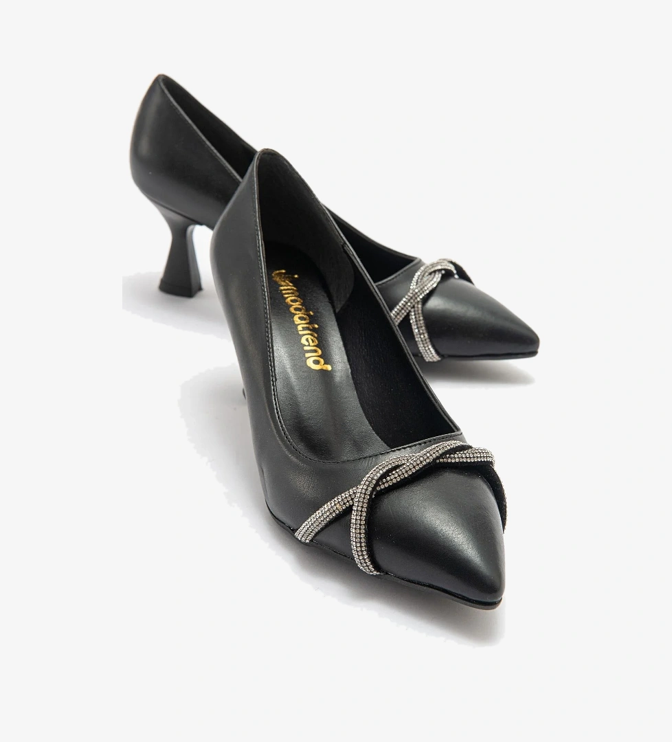 Çapraz Taşlı Kadın Stiletto Ayakkabı SİYAH CİLT GÜMÜŞ