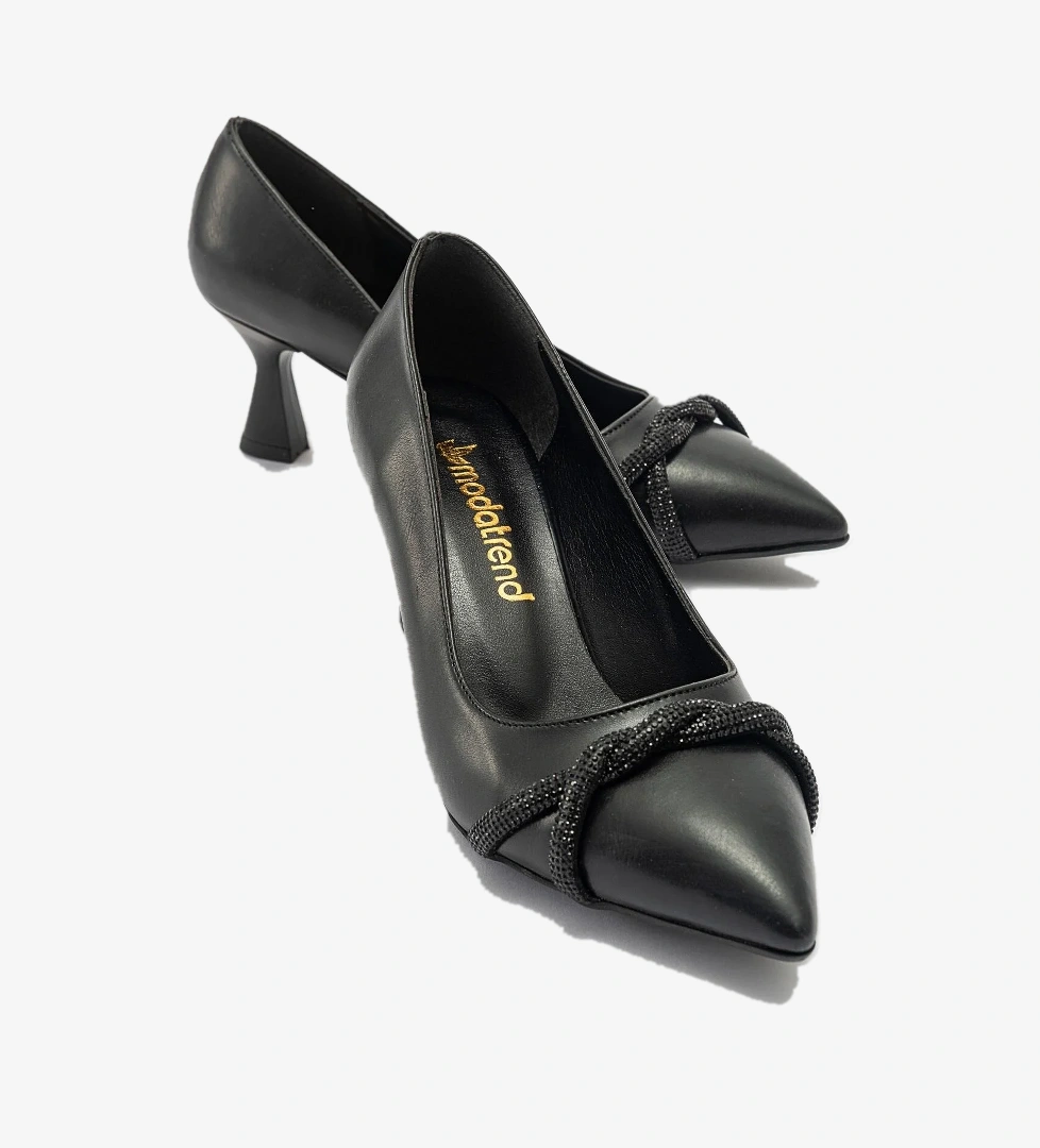 Çapraz Taşlı Kadın Stiletto Ayakkabı SİYAH CİLT SİYAH