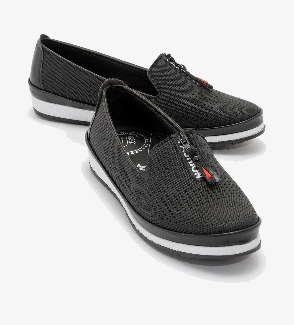 Kadın Fermuarlı Babet SİYAH KOT