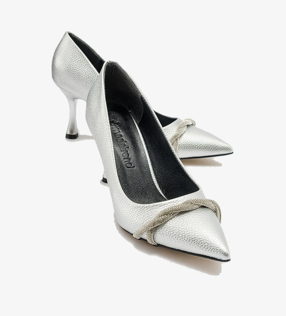 Kadın Dolama Taşlı Stiletto GÜMÜŞ BASKILI