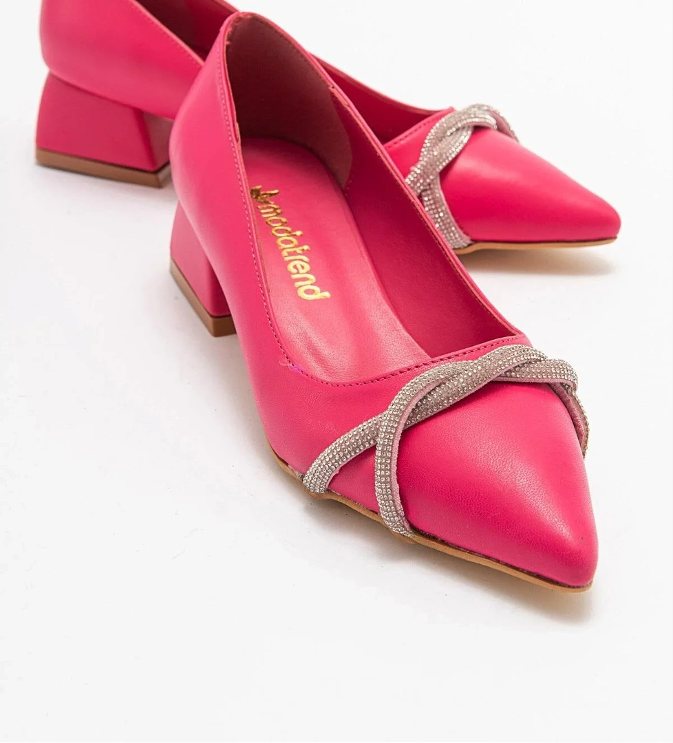 Çapraz Taşlı Kadın Topuklu Ayakkabı FUŞYA CİLT