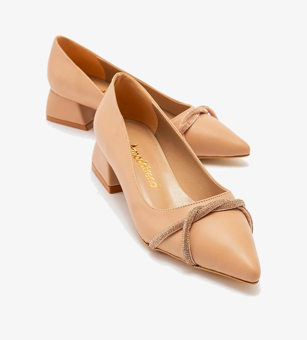 Çapraz Taşlı Kadın Topuklu Ayakkabı NUDE CİLT