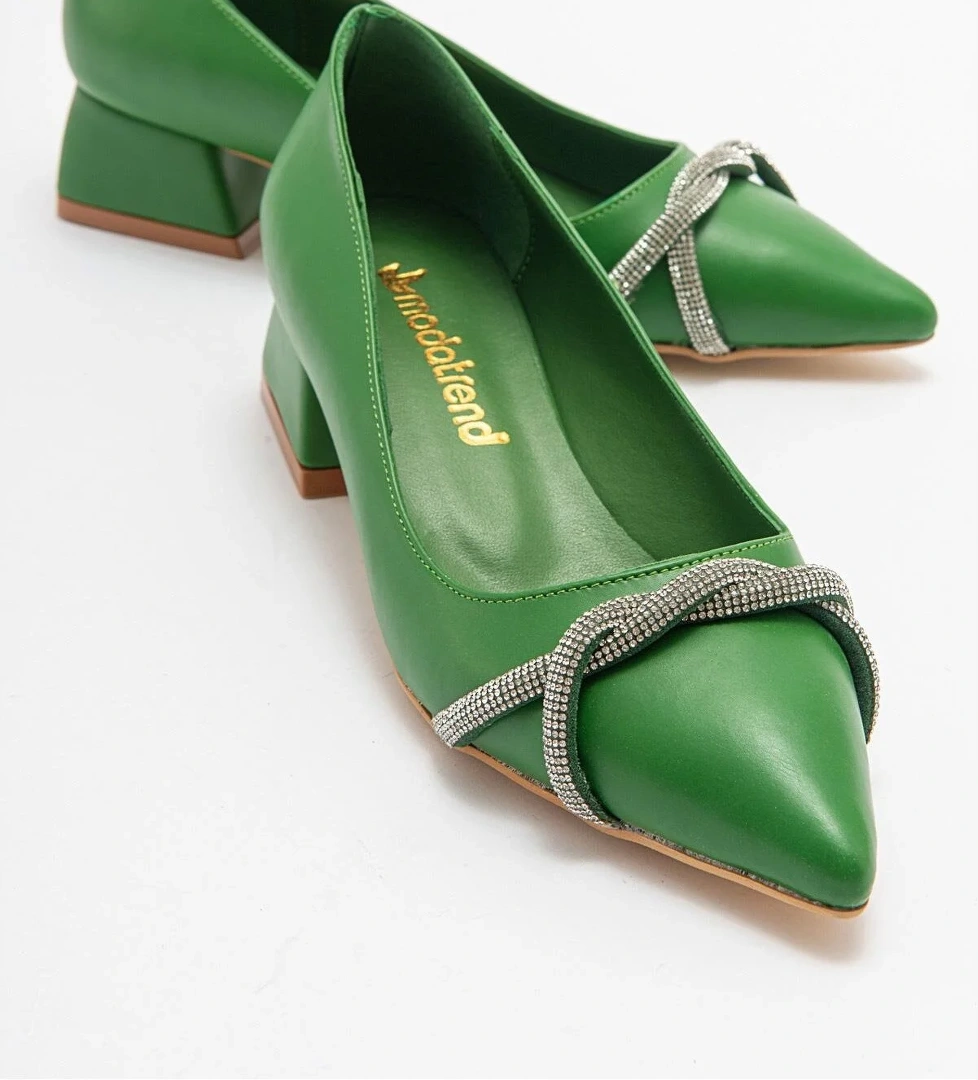 Çapraz Taşlı Kadın Topuklu Ayakkabı ÇİMEN YEŞİLİ CİLT