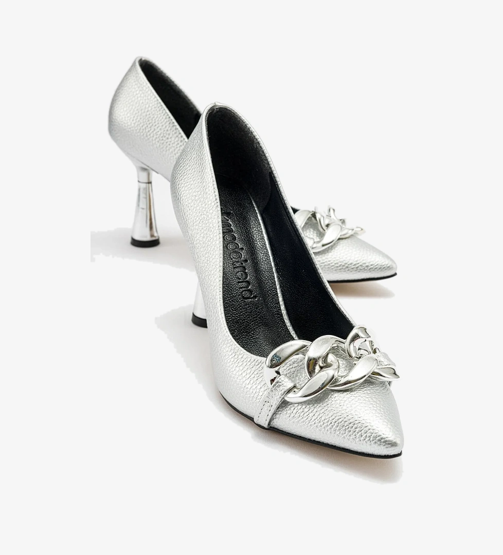 Kadın Zincirli Topuklu Ayakkabı GÜMÜŞ BASKILI - Görsel 1