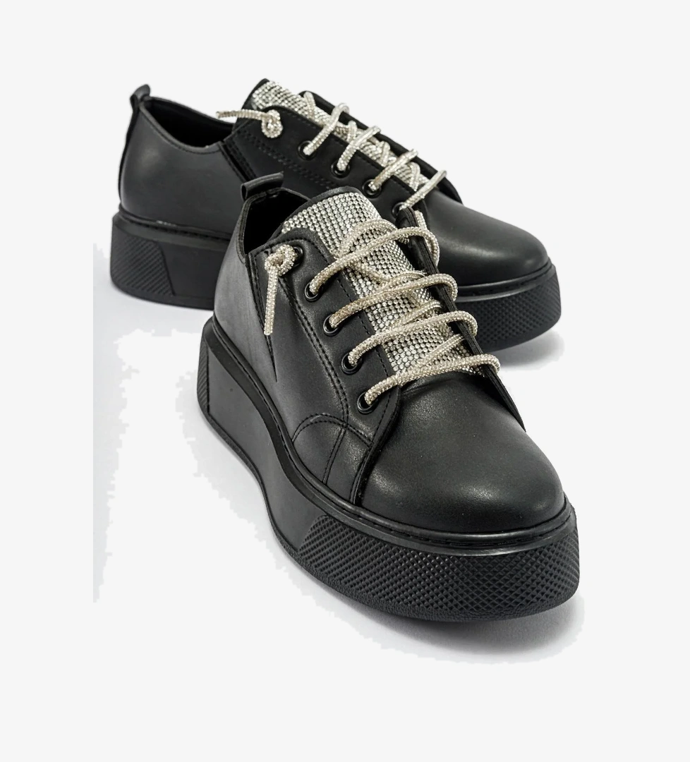 Taş Bağcıklı Kadın Spor Ayakkabı SİYAH